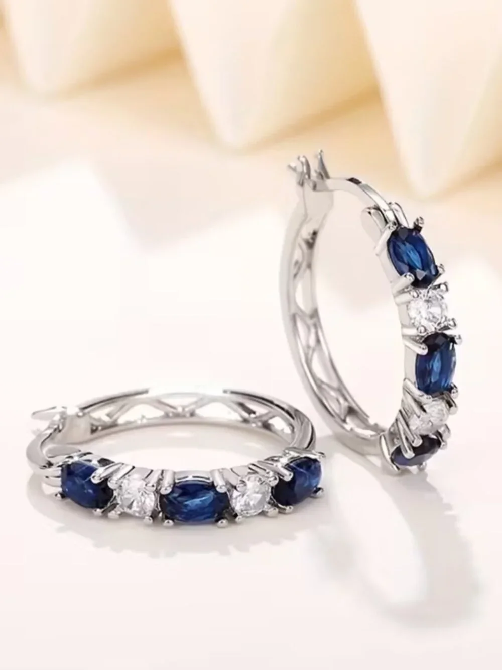 Blue & White Synthetic Sapphire Hoop Earrings Nickel Free Plating December Birth